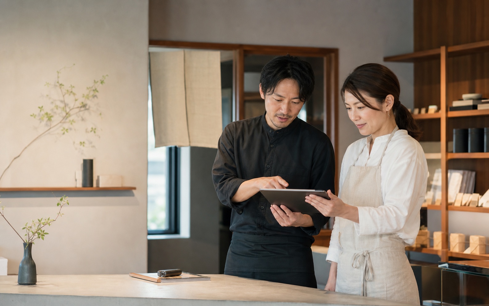 日本の店舗でデジタル活用について話し合う経営者とスタッフ