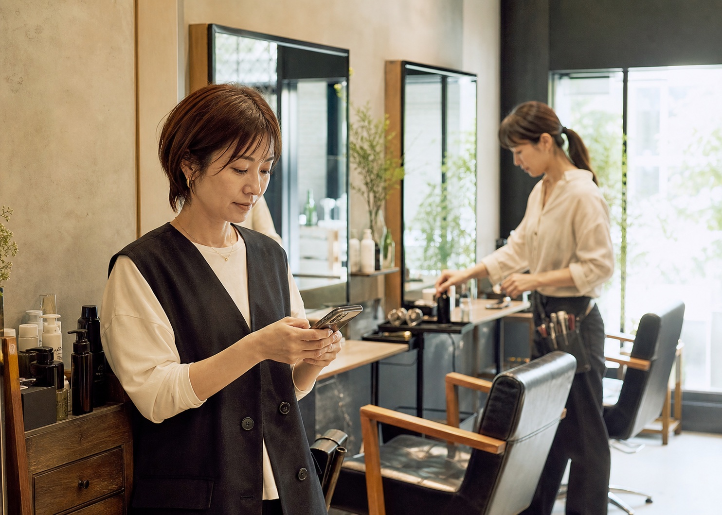 日本の美容室でオンライン予約を確認するオーナーと開店準備をするスタッフ